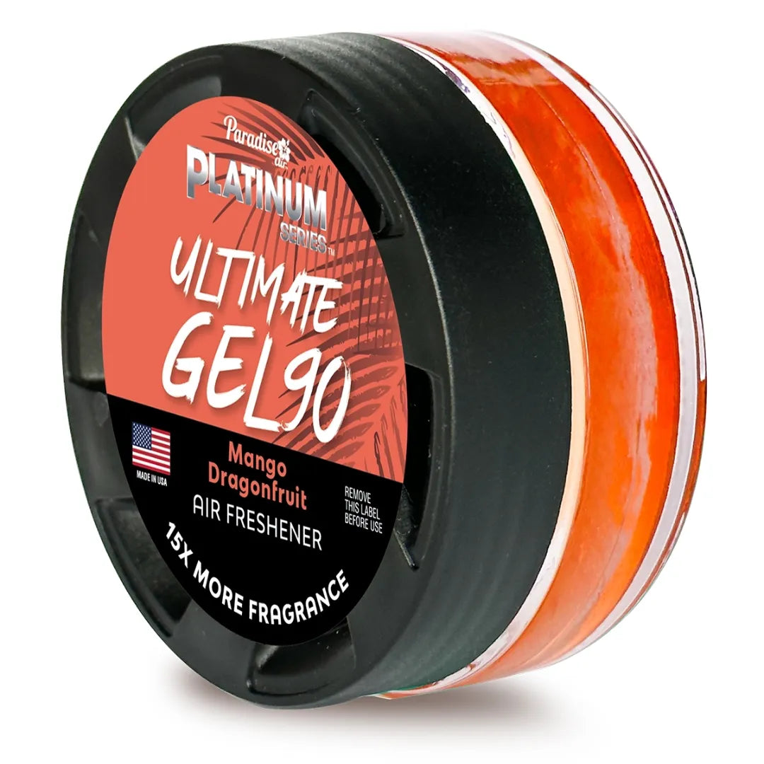 Ambientador Paradise Air Platinum Ultimate Gel 90 de 30 g en frasco de vidrio con tapa ventilada regulable.