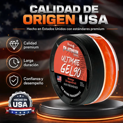 Ambientador Paradise Air Platinum Ultimate Gel 90 de 30 g en frasco de vidrio con tapa ventilada regulable.