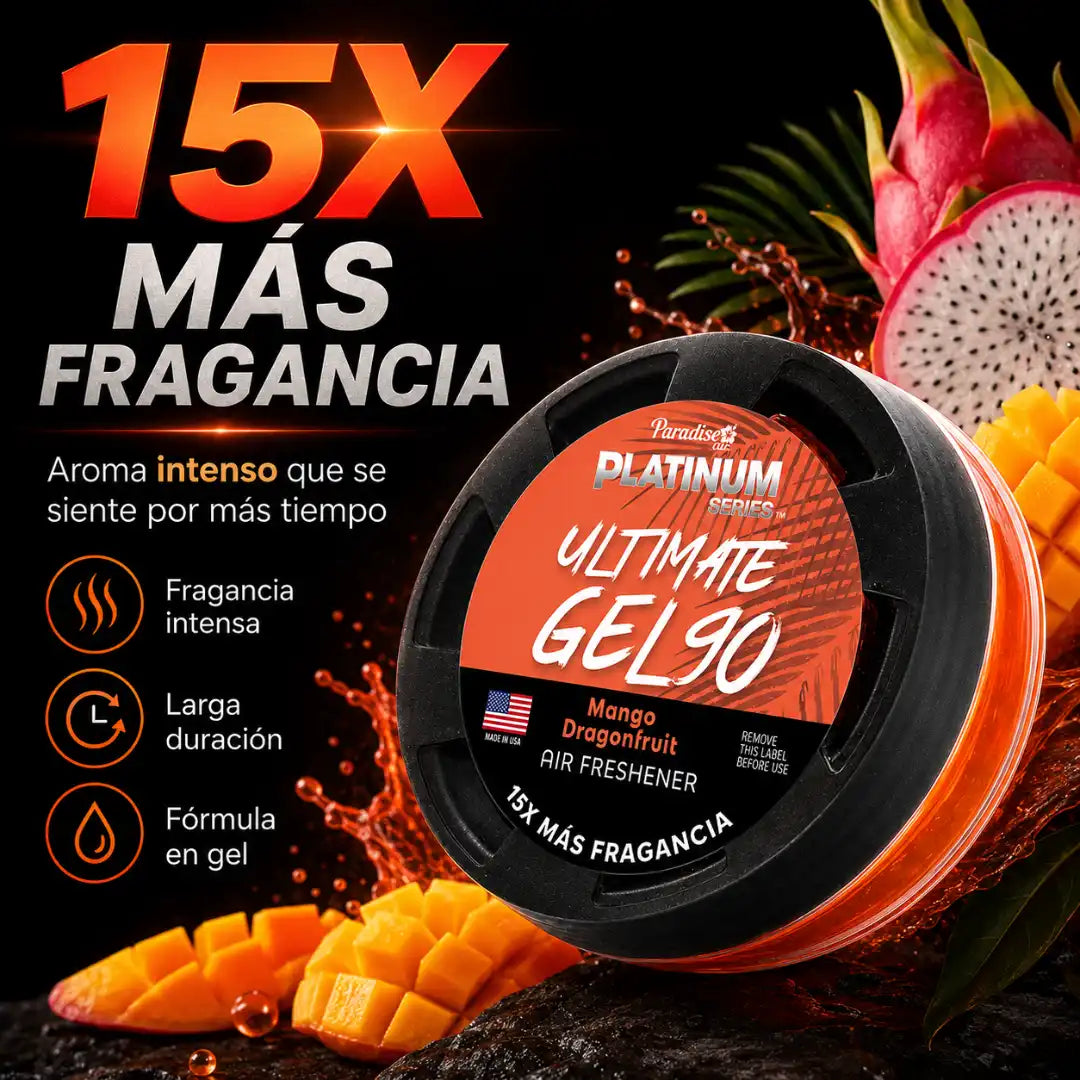 Ambientador Paradise Air Platinum Ultimate Gel 90 de 30 g en frasco de vidrio con tapa ventilada regulable.