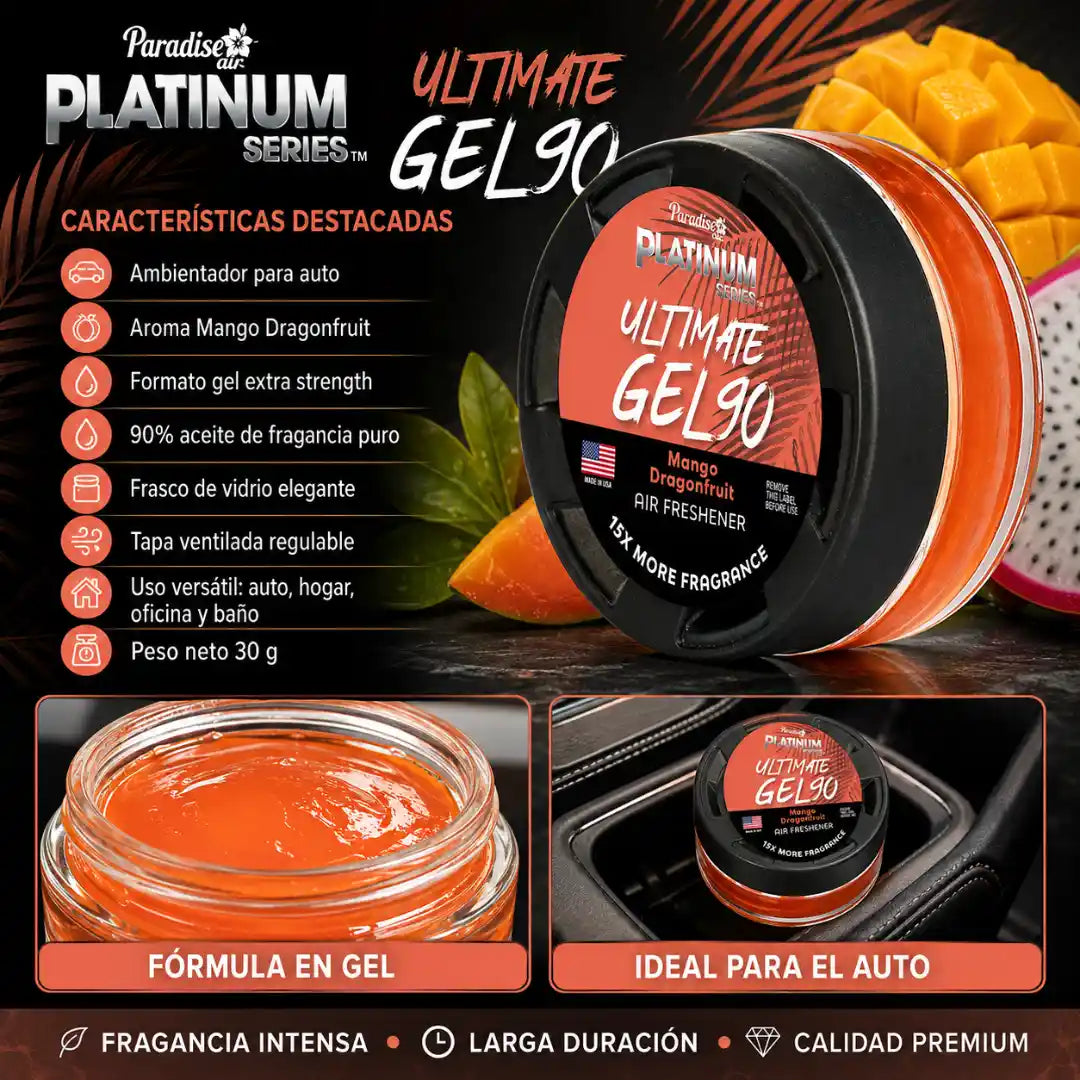 Ambientador Paradise Air Platinum Ultimate Gel 90 de 30 g en frasco de vidrio con tapa ventilada regulable.