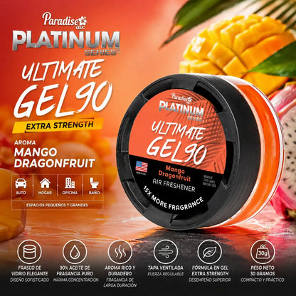 Ambientador Paradise Air Platinum Ultimate Gel 90 de 30 g en frasco de vidrio con tapa ventilada regulable.