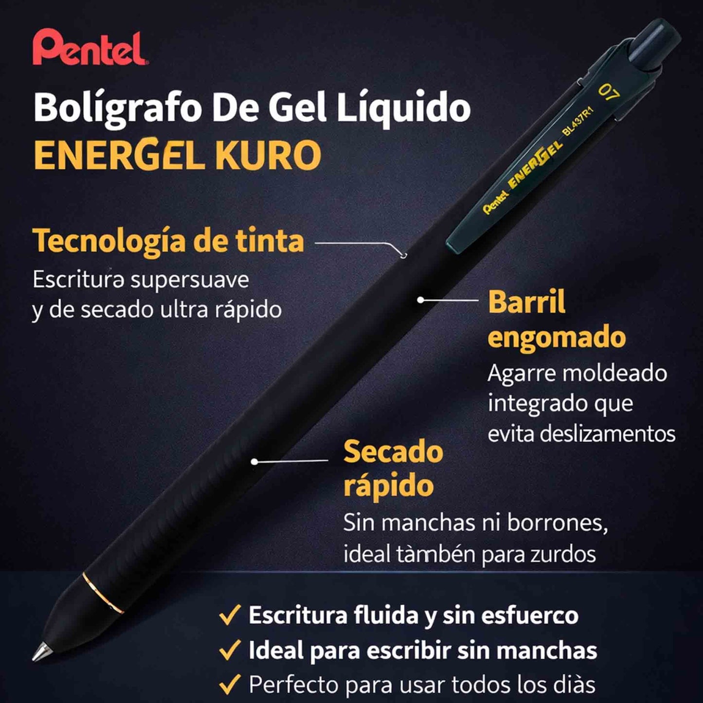 Lápiz Pentel EnerGel Kuro 0.7 Bolígrafo Gel Tinta Negra