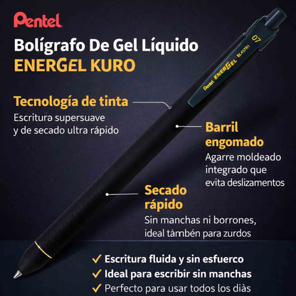 Lápiz Pentel EnerGel Kuro 0.7 Bolígrafo Gel Tinta Negra