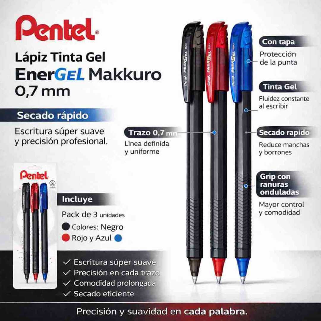 Lápiz Gel Pentel EnerGel Makkuro 0,7 mm Pack 3 Colores