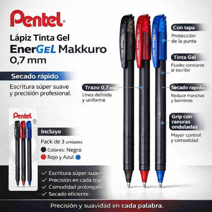 Lápiz Gel Pentel EnerGel Makkuro 0,7 mm Pack 3 Colores
