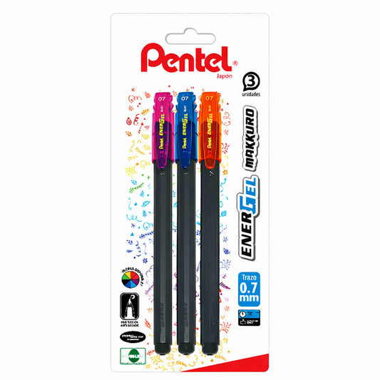 Lápiz Gel Pentel EnerGel Makkuro 0,7 Pack 3 Fancy