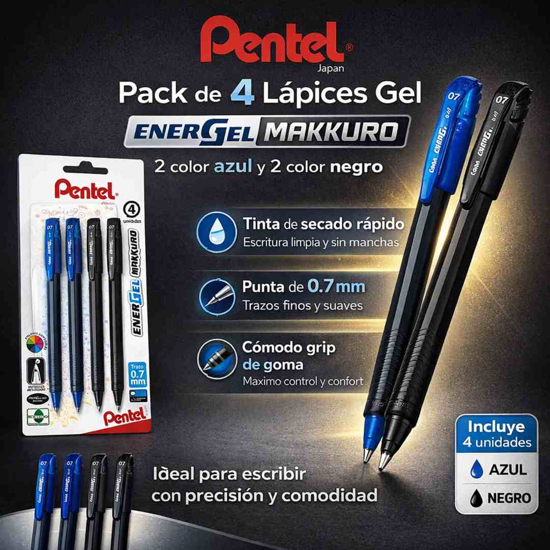 Lápices gel Pentel Energel Makkuro 0.7 mm pack 4 colores