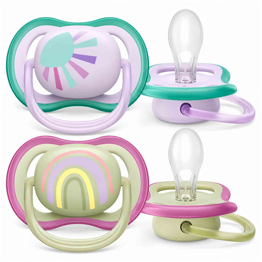 Chupete Philips Avent Ultra Air 0 a 6 meses pack de 2 unidades con diseño ortodóntico y estuche.
