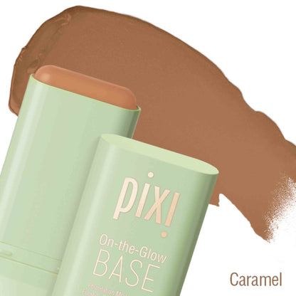 Base Pixi On-The-Glow tono Caramel en formato stick hidratante de 19 g para maquillaje luminoso
