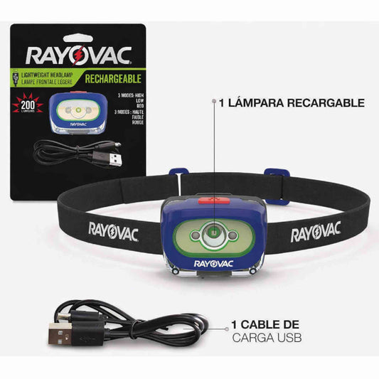 Linterna Frontal Rayovac 200 Lúmenes Recargable LED
