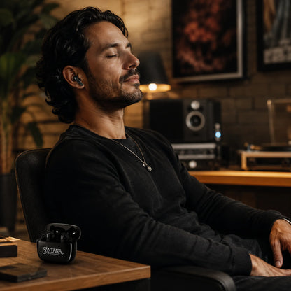 Hombre disfrutando música con audífonos Santana Mambo en estudio