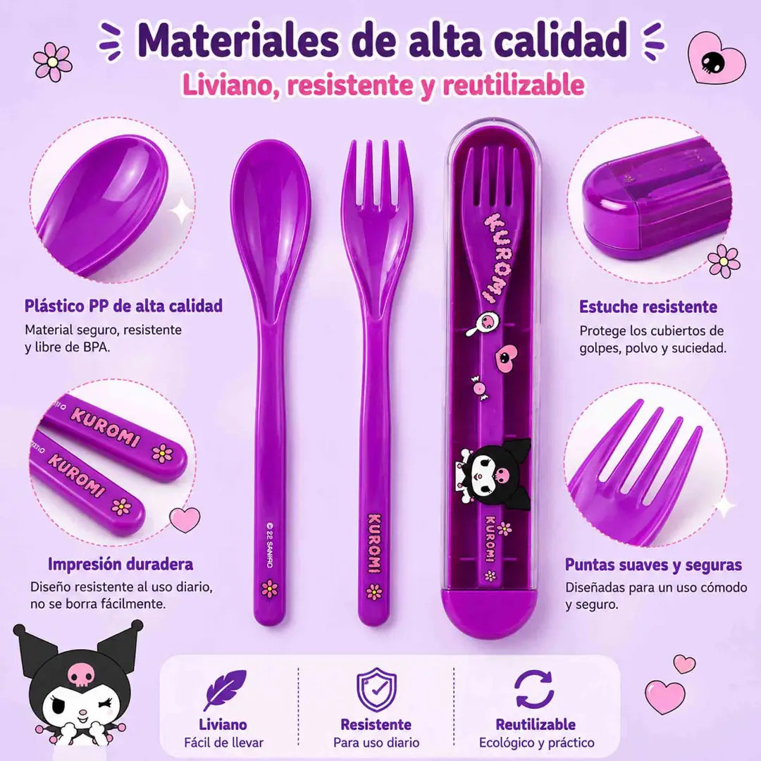 Set de cubiertos Kuromi Sanrio morado con cuchara, tenedor y estuche portátil para lonchera o mochila.