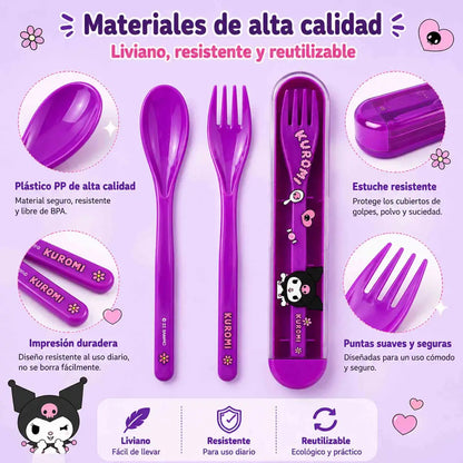 Set de cubiertos Kuromi Sanrio morado con cuchara, tenedor y estuche portátil para lonchera o mochila.