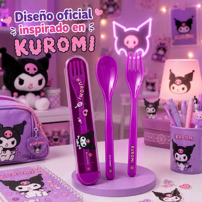 Set de cubiertos Kuromi Sanrio morado con cuchara, tenedor y estuche portátil para lonchera o mochila.