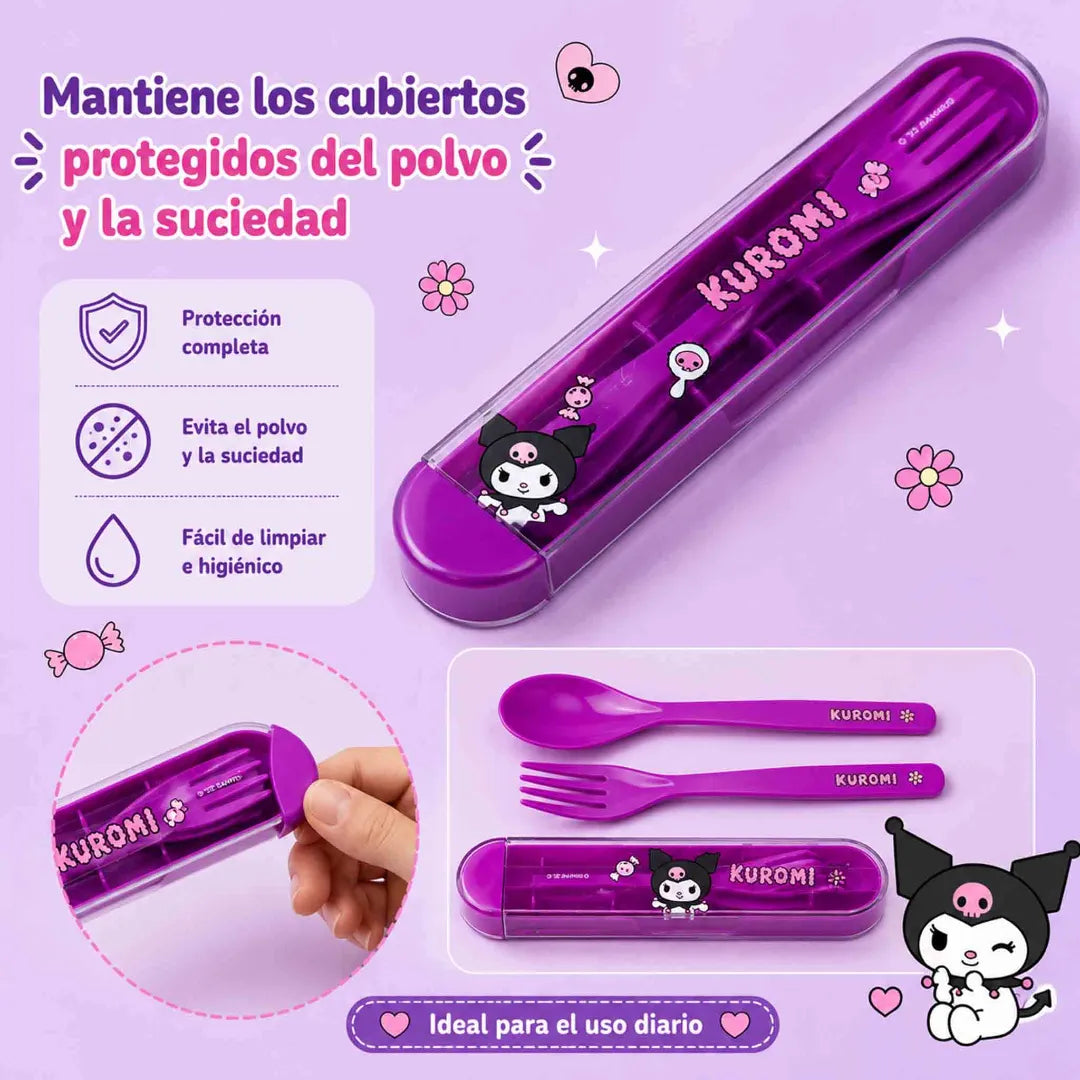 Set de cubiertos Kuromi Sanrio morado con cuchara, tenedor y estuche portátil para lonchera o mochila.