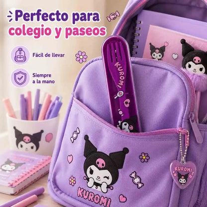 Set de cubiertos Kuromi Sanrio morado con cuchara, tenedor y estuche portátil para lonchera o mochila.