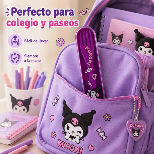 Set de cubiertos Kuromi Sanrio morado con cuchara, tenedor y estuche portátil para lonchera o mochila.