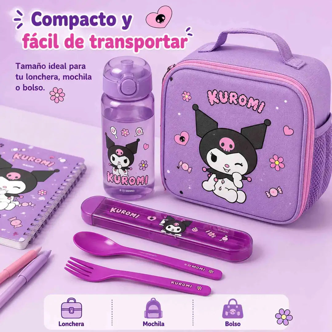 Set de cubiertos Kuromi Sanrio morado con cuchara, tenedor y estuche portátil para lonchera o mochila.