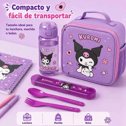 Set de cubiertos Kuromi Sanrio morado con cuchara, tenedor y estuche portátil para lonchera o mochila.