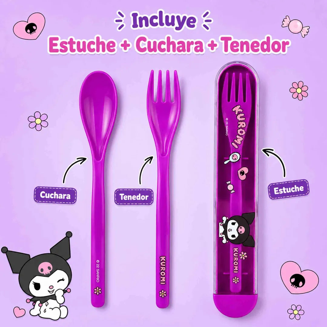 Set de cubiertos Kuromi Sanrio morado con cuchara, tenedor y estuche portátil para lonchera o mochila.