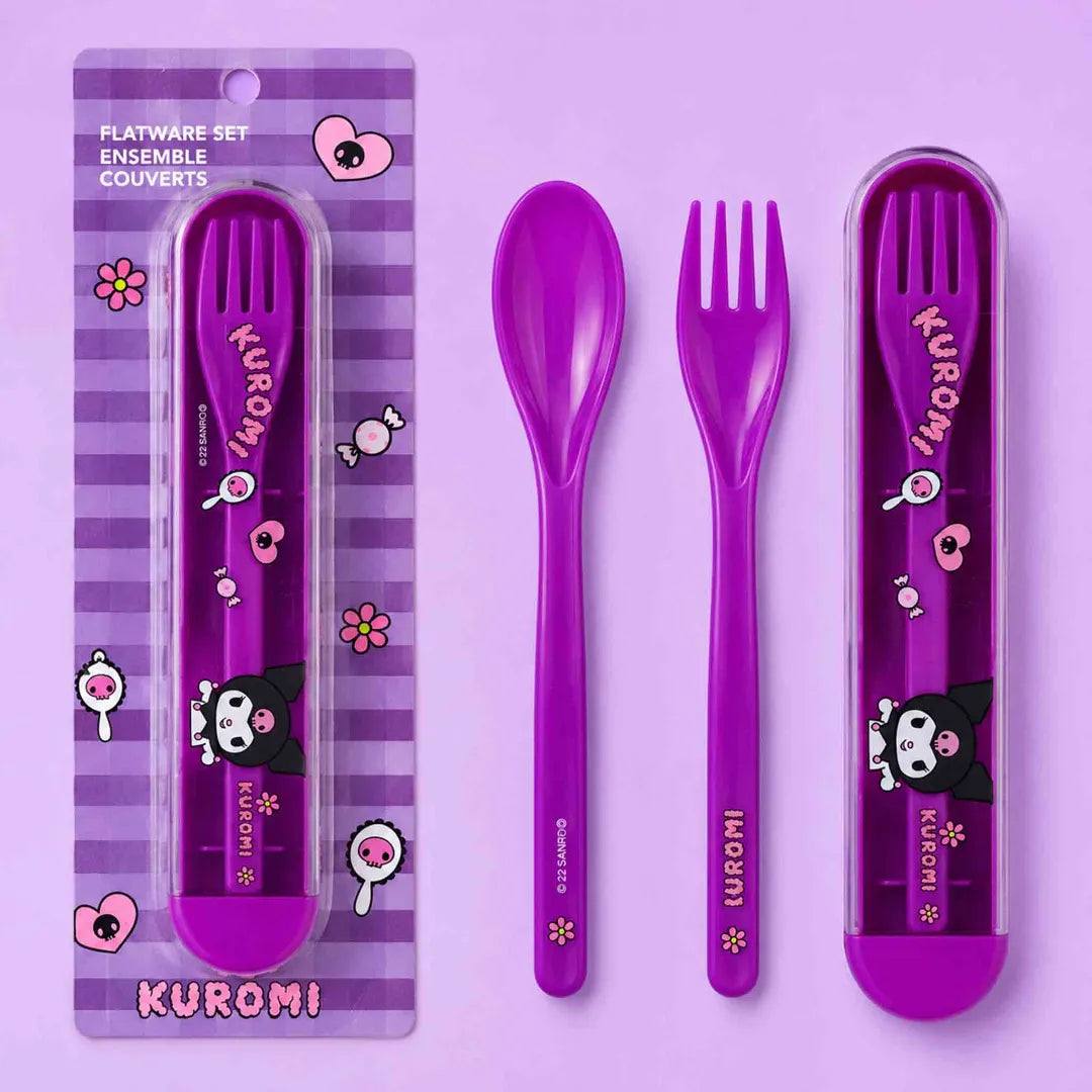 Set de cubiertos Kuromi Sanrio morado con cuchara, tenedor y estuche portátil para lonchera o mochila.