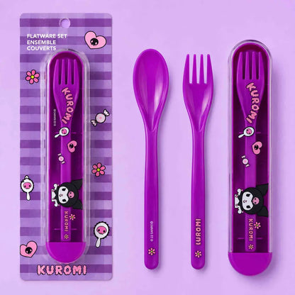 Set de cubiertos Kuromi Sanrio morado con cuchara, tenedor y estuche portátil para lonchera o mochila.