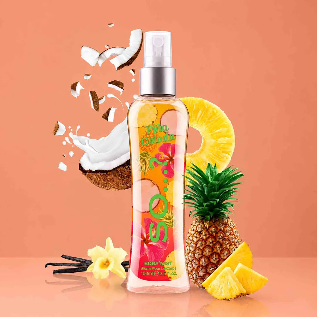Bruma corporal So Piña Colada en spray de 100 ml con aroma tropical de coco, piña y vainilla.