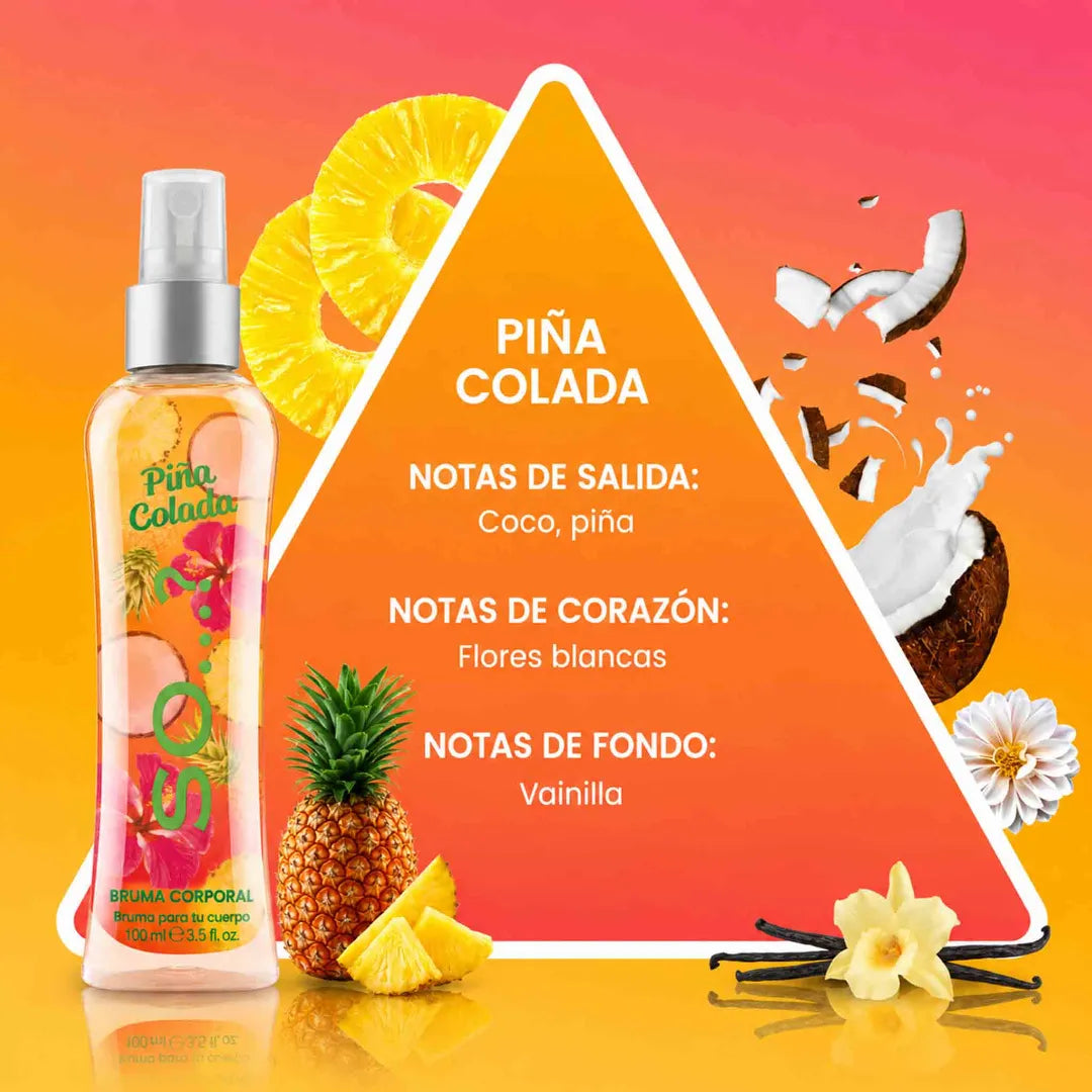Bruma corporal So Piña Colada en spray de 100 ml con aroma tropical de coco, piña y vainilla.