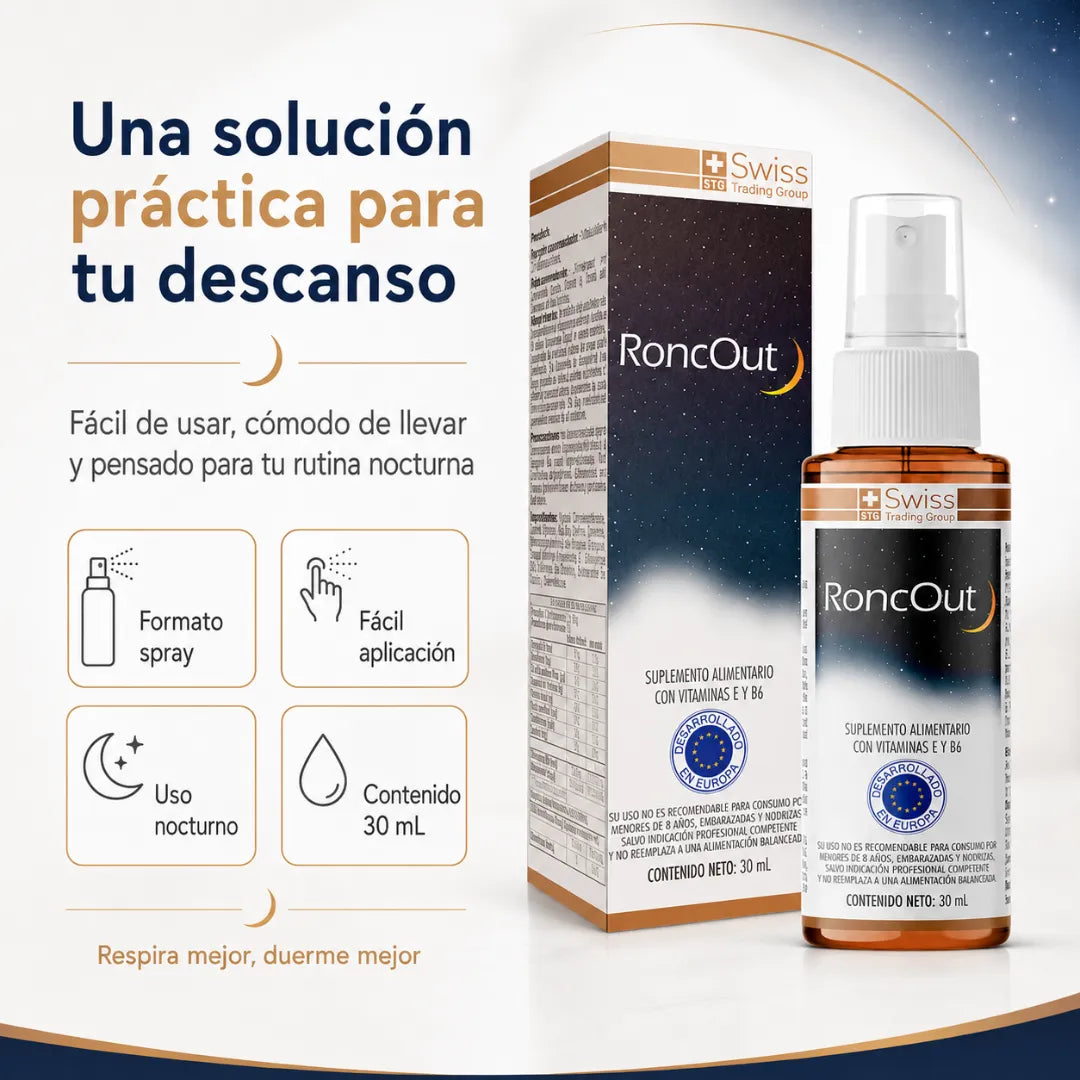 RoncOut Swiss Trading Group en spray bucal de 30 ml para uso nocturno con vitaminas E y B6.