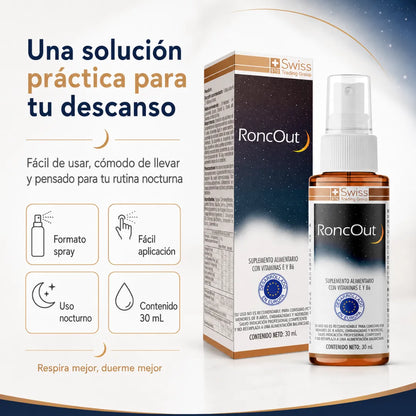 RoncOut Swiss Trading Group en spray bucal de 30 ml para uso nocturno con vitaminas E y B6.