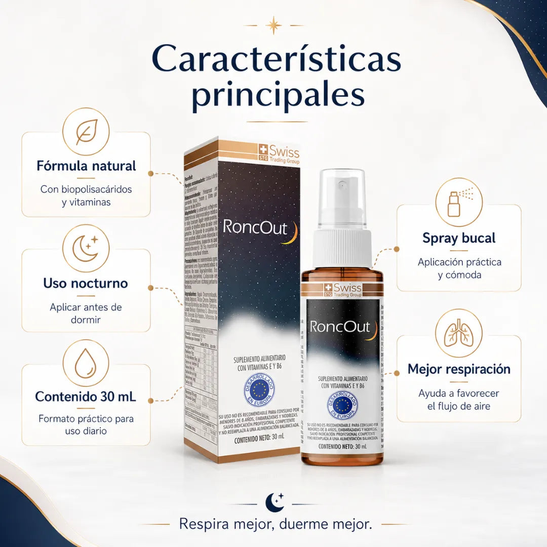 RoncOut Swiss Trading Group en spray bucal de 30 ml para uso nocturno con vitaminas E y B6.