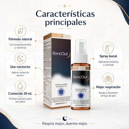 RoncOut Swiss Trading Group en spray bucal de 30 ml para uso nocturno con vitaminas E y B6.