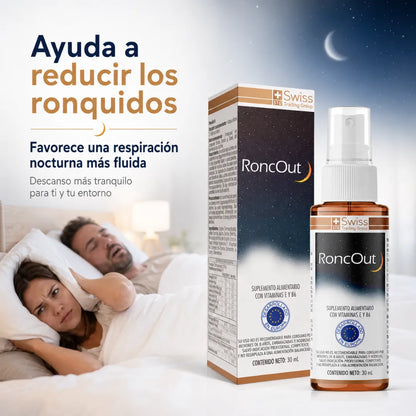 RoncOut Swiss Trading Group en spray bucal de 30 ml para uso nocturno con vitaminas E y B6.