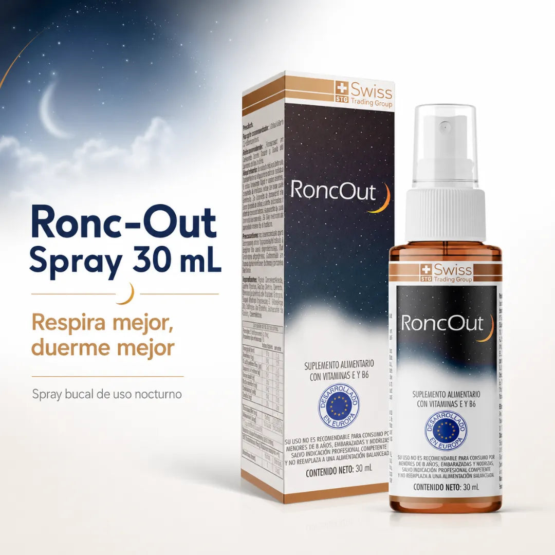RoncOut Swiss Trading Group en spray bucal de 30 ml para uso nocturno con vitaminas E y B6.