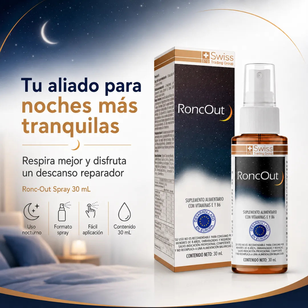 RoncOut Swiss Trading Group en spray bucal de 30 ml para uso nocturno con vitaminas E y B6.