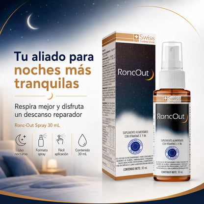 RoncOut Swiss Trading Group en spray bucal de 30 ml para uso nocturno con vitaminas E y B6.