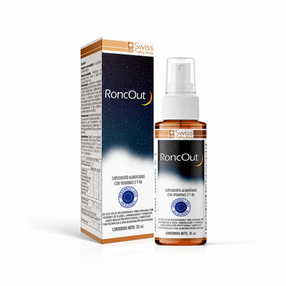 RoncOut Swiss Trading Group en spray bucal de 30 ml para uso nocturno con vitaminas E y B6.