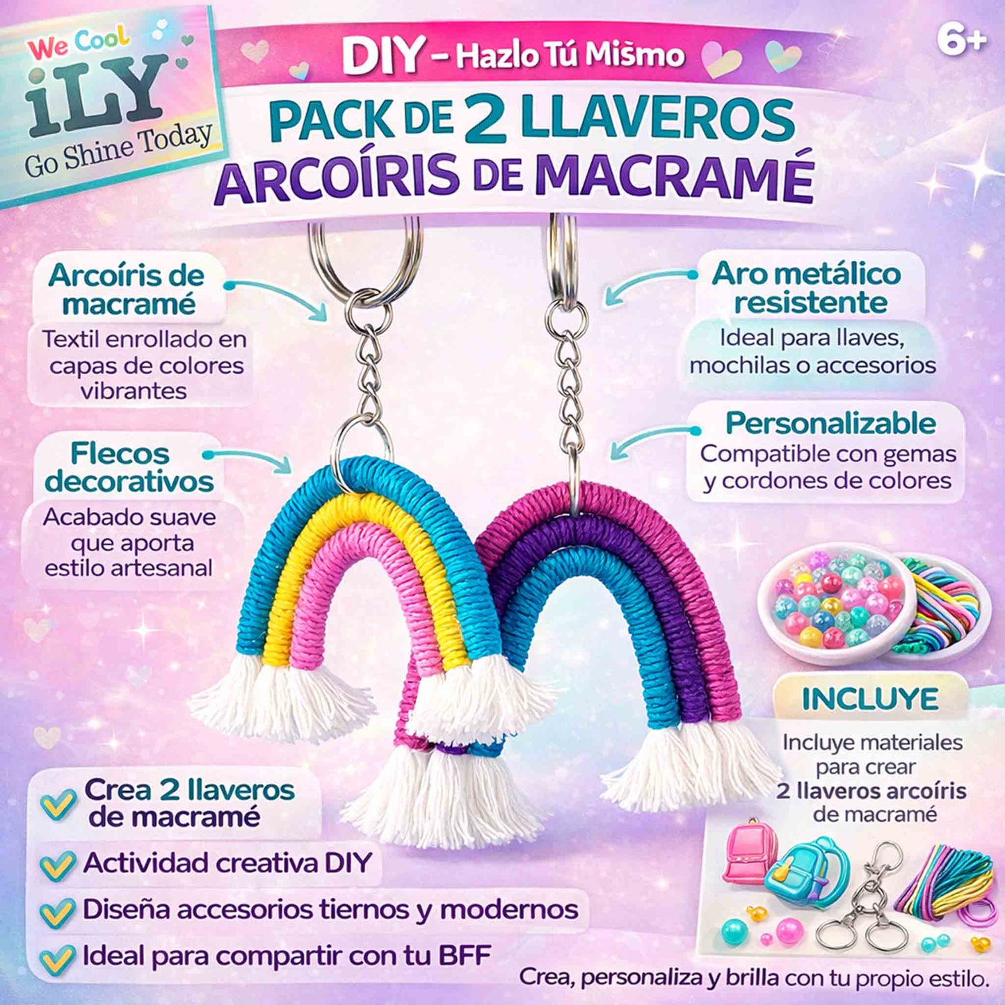 Kit Llaveros Arcoíris Macramé DIY Pack 2 We Cool
